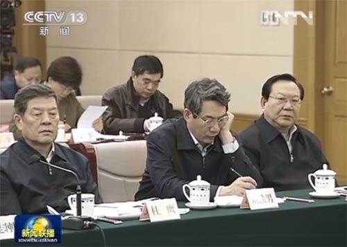 图为：温家宝29日到国家发改委调研，国家能源局局长刘铁男参加座谈（左二）