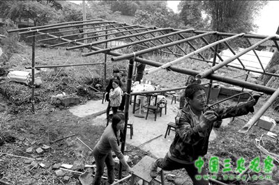 22日，天全县始阳镇乐坝村的村民就地取材用竹子搭建帐篷。 新华社发