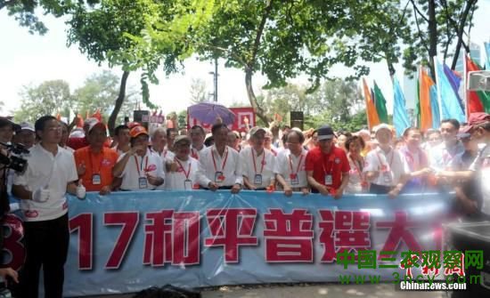 8月17日，“保普选反占中大联盟”发起“和平普选大游行”，表达对和平、普选的渴望，对“占中”、暴力的反感。中新社发 谭达明 摄