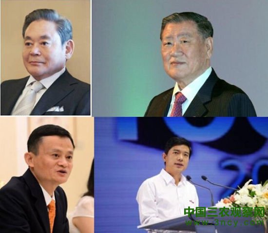 顺时针方向依次为三星电子会长李健熙、现代汽车会长郑梦九、百度CEO李彦宏和阿里巴巴主席马云(图片来源:亚洲经济) 顺时针方向依次为三星电子会长李健熙、现代汽车会长郑梦九、百度CEO李彦宏和阿里巴巴主席马云(图片来源:亚洲经济)