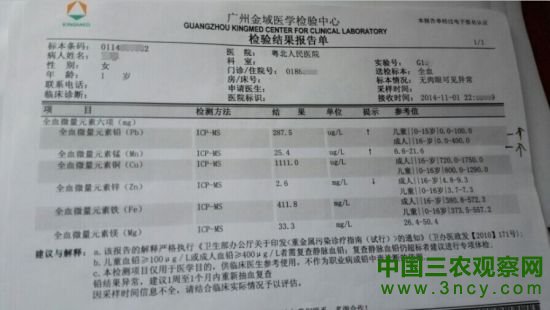 铁龙1岁的小孩，血铅达到中度中毒标准
